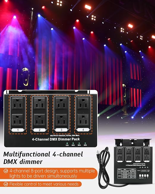 DMX Dimmer Pack 512, 4 Channel Dimmer Pack with 5' DMX Cable and LED Display, 5 DMX Modes, 20A Max Suitable for Stage Lighting Control
