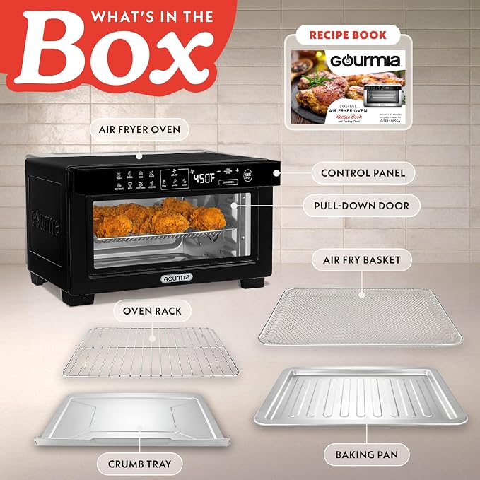 Gourmia Toaster Oven Digital Air Fryer - Convection Mode with 4 Slice Capacity, 3 Rack Positions, 12 Presets, Toast, Bagel, Bake, Roast, Broil, Dehydrate, Popcorn, Fits 9" Pizza, Black
