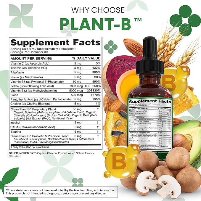Complexe de Vitamines B Liquide | Thiamine B1, B6, B2, B3, B4, B5, B7, B9, B12, Niacinamide, Paba, Choline Inositol Taurine Probiotiques Racine de Betterave Spiruline - Compléments Alimentaires de Vitamines B Végétales par Clean Nutra