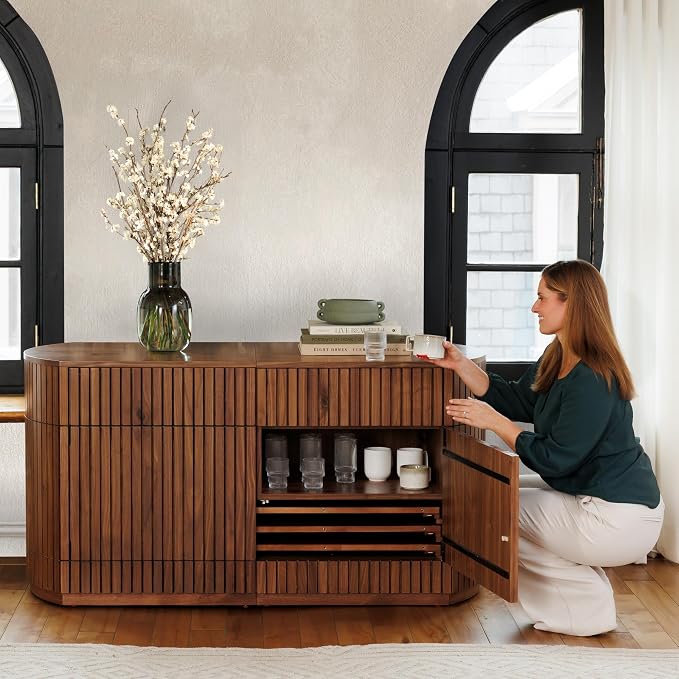 Transformer Table Round Sideboard Buffet Cabinet, Royal Brown | Hidden Drawers, Solid Wood, Integrated Table Panel Storage, Modern Dining Room