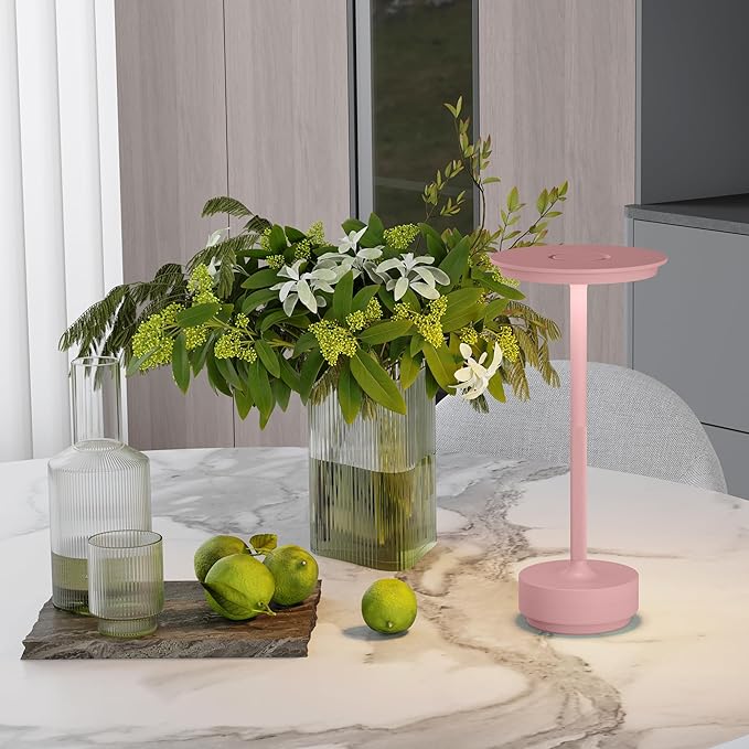 TBBGA 2 Pack Rechargeable Cordless Table Lamps, Portable 5000mAh Outdoor Table Light, 3 Color Stepless Dimming LED Table Lamp with Memory Function, for Home/Dinner/Patio/Restaurant.(Pink)