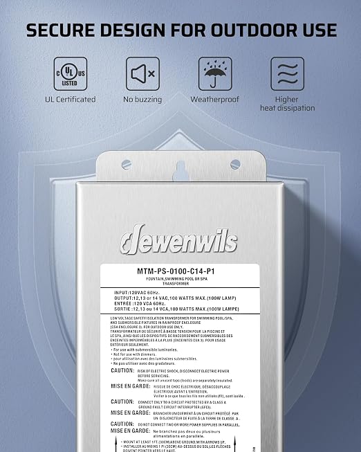 DEWENWILS 100W Low Voltage Pool Light Transformer, 120V AC to 12V/13V/14V AC, Multi-tap Safety Transformer for Pool Lighting, Spa, Underwater Fountain Lights, Outdoor Landscape Lights
