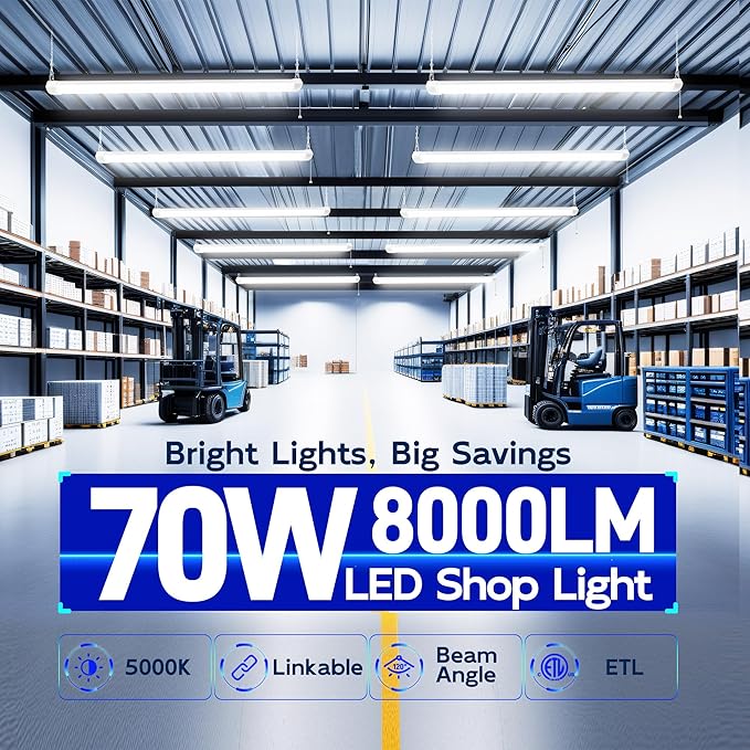 hykolity 4FT 70W LED Shop Light Linkable, 8000lm(300w Equivalent), 5000K Utility Shop Lights for Garages, Workshops, Basements, Hanging or FlushMount, with Power Cord and Pull Chain, ETL, 4 Pack