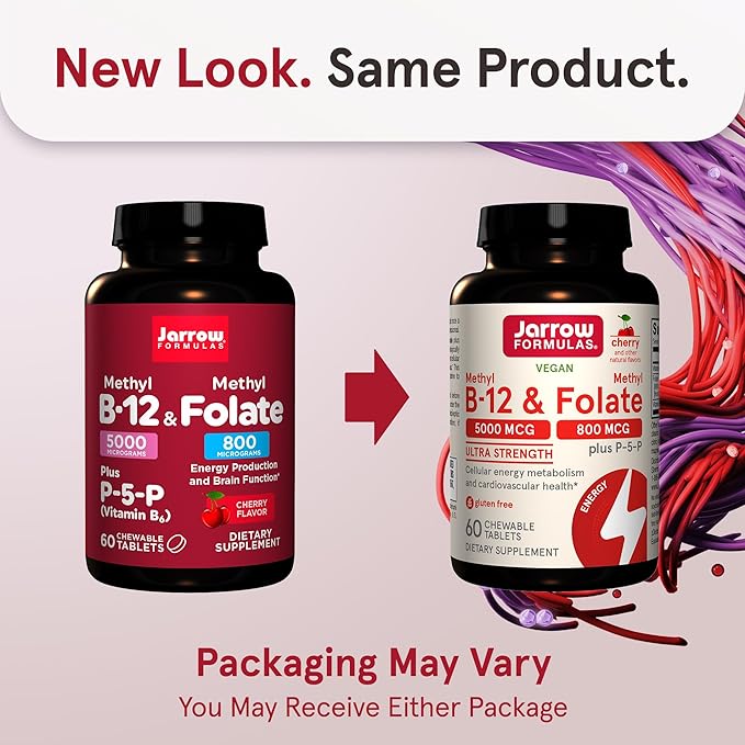 Jarrow Formulas Ultra Strength Méthyl B-12 5000 mcg & Méthyl Folate 800 mcg + P-5-P & Vitamine D3 125 mcg (5000 UI) - 100 doses (gélules)