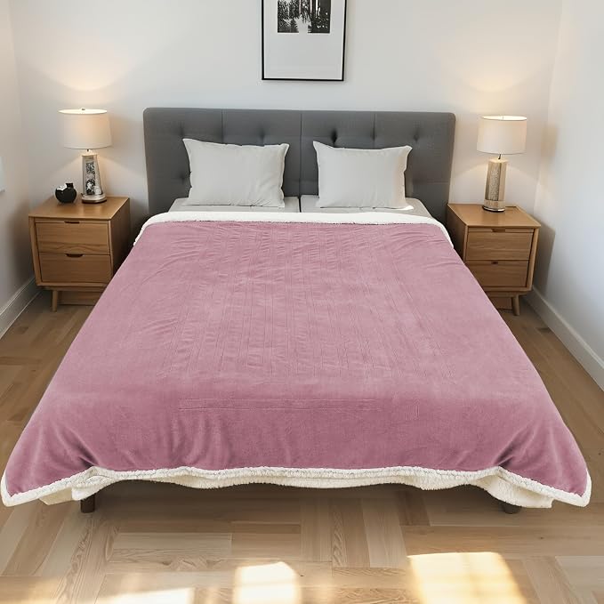 Electric Heated Blanket Throw Size 50"x60" – ETL Certified for Safe Overnight, 4 Heat Settings & 3H Auto Off, Dual-Sided Microplush Sherpa for Home Theater Night, Machine Washable – Berry