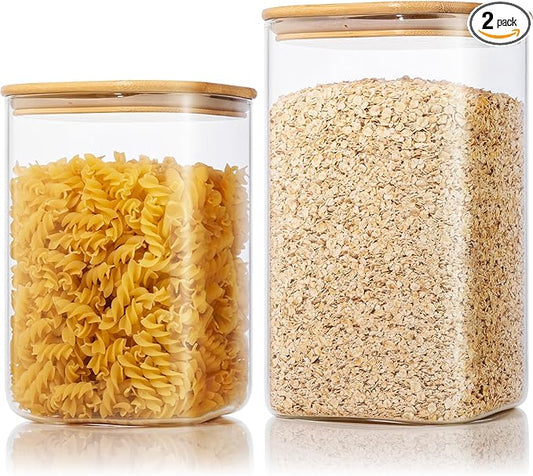 Large Glass Storage Containers 168oz&84oz, Pantry Jars with Bamboo Lids-2P | Square Borosilicate Glass Jar with Airtight Lid Keep Flour, Sugar & Rice Fresh, Fits 5lb Bag, BPA-Free for Pantry Organizer