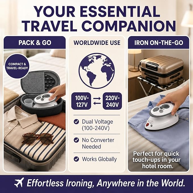 The Quilted Bear Premium Mini Steam Iron - Lightweight Mini Travel Iron for Effortless Quilting & Wrinkle-Free Clothes with Carry Case & Iron Rest Set - Travel Steamer for Clothes & Crafts (Black)