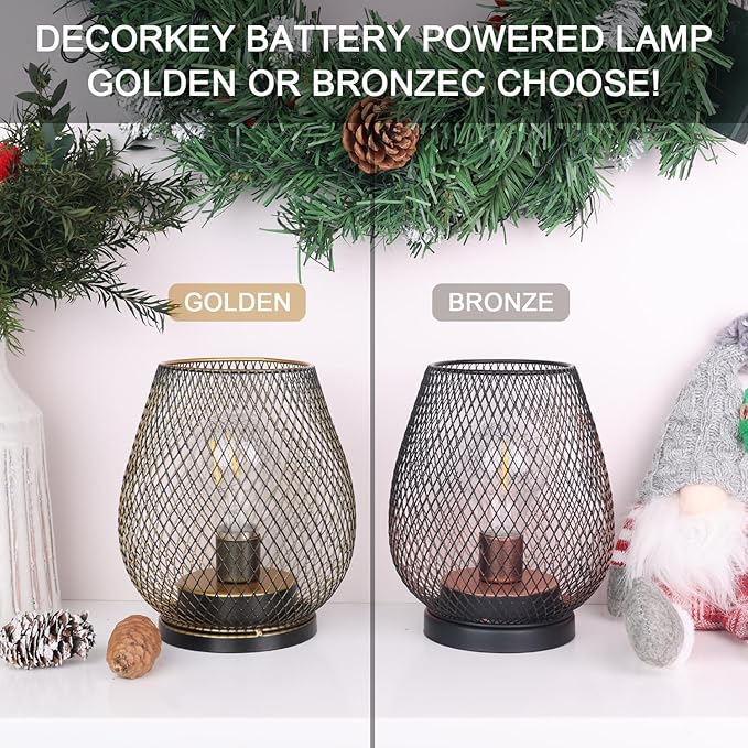 Set of 2 Battery Operated Lamp LED Table Lantern, Brown Metal Cage Cordless Lamps with LED Bulb，Vintage Decorative Outdoor Lantern for Weddings, Parties, Patio, Events for Indoors Shelf Decor
