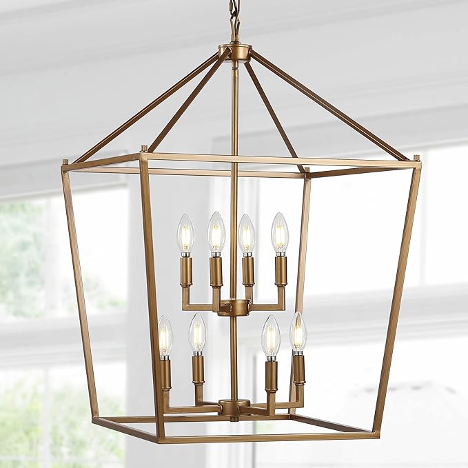 JONATHAN Y 20" Antique Gold Lantern Pendant Light, 8-Light Pagoda Style Metal Cage Farmhouse Hanging Ceiling Fixture for Kitchen Island, LED Bulb Included (JYL7438B)