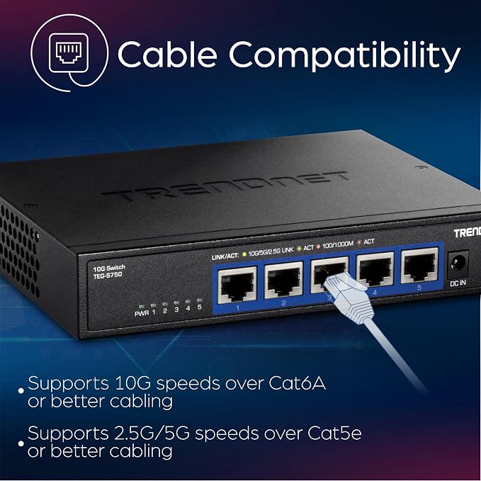 TRENDnet 5-Port 10G Switch, TEG-S750, 5 x 10G RJ-45 Ports, 100Gbps Switching Capacity, Supports 2.5G and 5G-Base-T Connections, Ethernet Splitter, NDAA & TAA Compliant, Lifetime Protection, Black