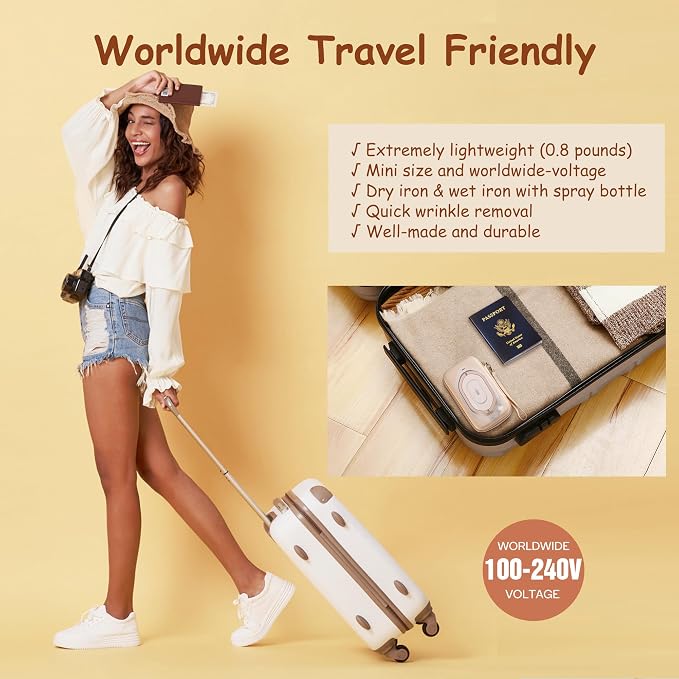 Newbealer Travel Iron Set, 100-240V Mini Dry Iron for Clothes (No Steam) | Max 300W, Heats in 60s, 302℉ Ceramic Soleplate, Handy Heat Press, 0.8lbs Lightweight for Quick Touch-ups, Gold with Hard Case