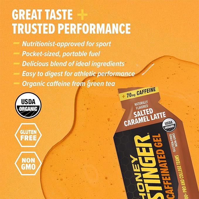 Honey Stinger Organic Salted Caramel Energy Gel, Caffeinated & Gluten Free, for Exercise, Running and Performance, Sports Nutrition for Home & Gym, Pre and Mid Workout, 12 Pack, 13.2 Ounce