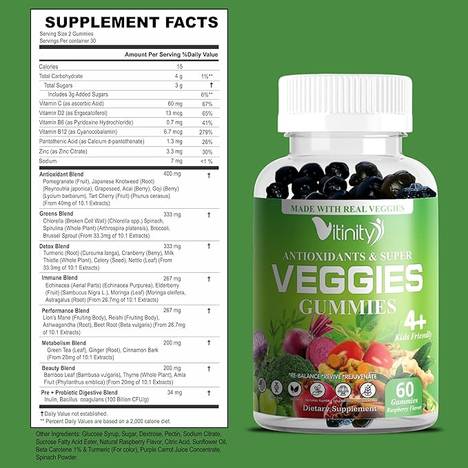 VITINITY Super Greens Multivitamin Gummies | Made with 30 Real Superfood Veggies, Herbs, Fruit for Adults & Kids to Boost Immunity, Skin & Gut Health | Non-GMO, Gluten-Free & Sugar-Free 60-Day Supply