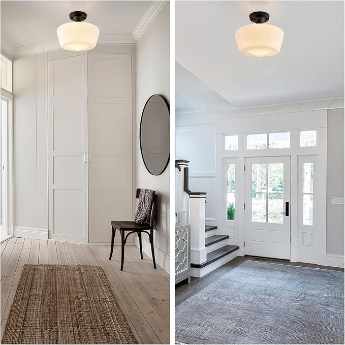 youngrender Semi Flush Mount Ceiling Light, Black Schoolhouse Milk Glass Light Fixture, Vintage Farmhouse Ceiling Light for Kitchen Hallway Entryway Bedroom Dining Room, E26