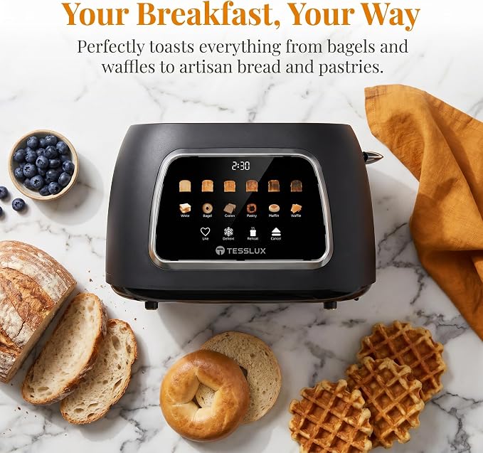 Tesslux 2 Slice Toaster with Touch Screen Control, 1.5" Wide Long Slots, 6 Browning Levels & 6 Bread Types, Digital Timer, Memory, Defrost, Reheat (Black, 2 Slice)