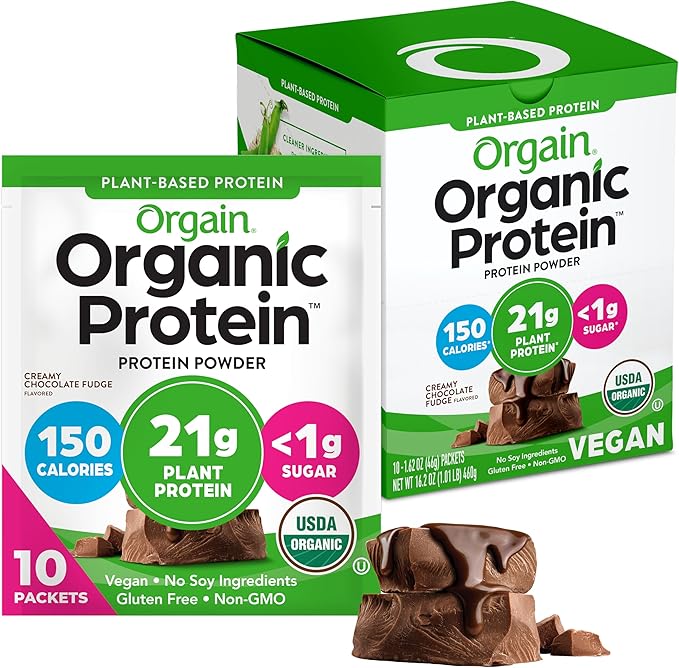Orgain Organic Vegan Protein Powder, Creamy Chocolate Fudge - 21g Plant Protein, 6g Prebiotic Fiber, Low Carb, No Lactose Ingredients, No Added Sugar, Non-GMO, 10 Single Serve Individual Packets