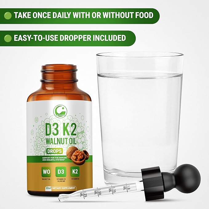 Liquid Vitamin D3 K2 Drops 10000 IU with Walnut Oil – High Potency Liquid Vitamin D3 with Vitamin K2 (MK7) 200 mcg | D3 K2 Supplement for Men & Women | Bones, Muscles & Immune Support | Non-GMO