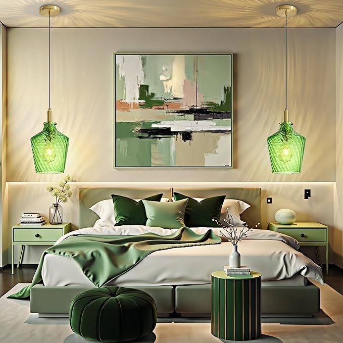 Modern Stripes Green Glass Pendant Lighting for Kitchen Island 1 Pack, Farmhouse Gold Pendant Light Fixtures, Height Adjustable Ceiling Pendant Light, 8 Inch