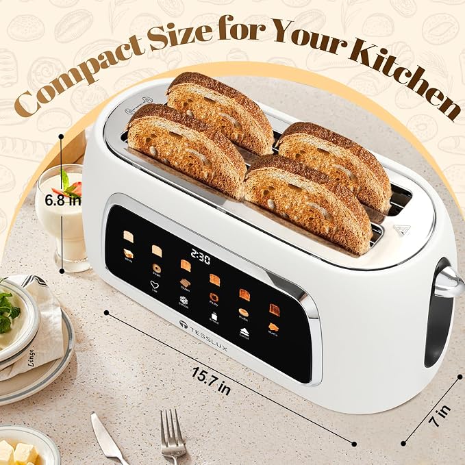 Tesslux 4 Slice Toaster with Touch Screen Control, 1.5" Wide Long Slots, 6 Browning Levels & 6 Bread Types, Digital Timer, Memory, Defrost, Reheat (White, 4 Slice)