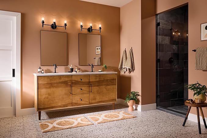 Kichler Madden 3-Light Bathroom Vanity Light Fixture with Clear Glass Shades in Black, Modern Wall Mount Over Mirror for Single Vanity, E26 Medium Base (10.5" x 24"), 55185BK