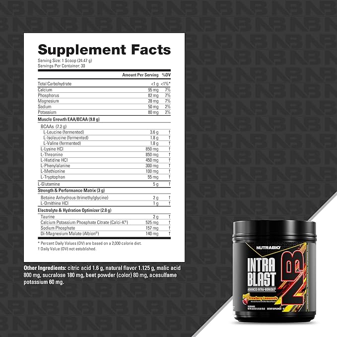 NutraBio Intra Blast Bcaa Powder Amino Acid Supplement, Electrolyte & Hydration Blend, Intra, Pre Workout & Muscle Recovery, 20g Eaa Amino Acids Powder, 5g Glutamine- Strawberry Lemonade, 30 Serving