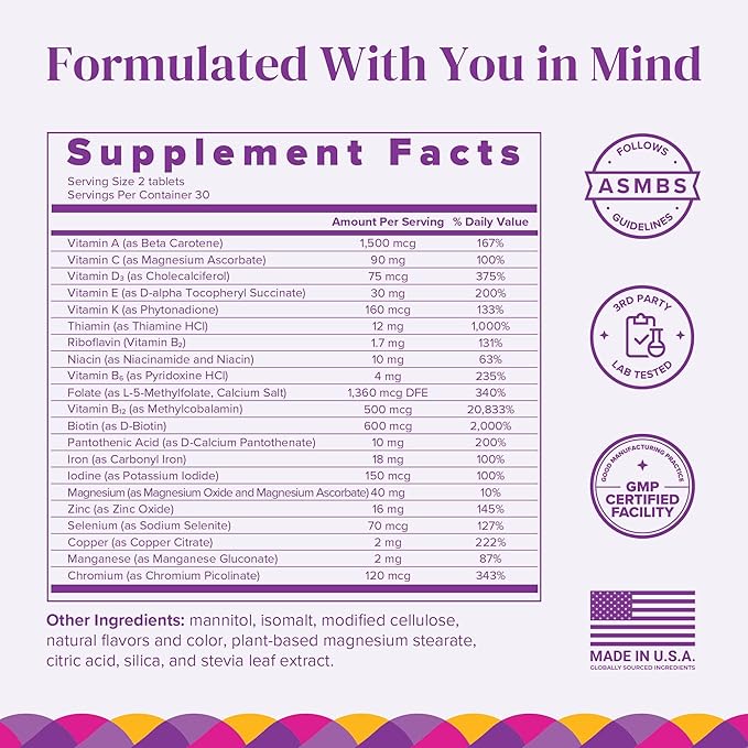 BariMelts Bariatric Multivitamin with Iron, 60 Fast-Dissolving Tablets (1-Month Supply), Sugar-Free Bariatric Vitamins for Women, Natural Fruit Flavor