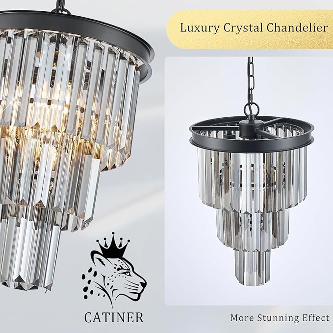 CATINER 3 Tier Black Crystal Pendant Light, Mini Smoke Gray K9 Crystal Chandelier with Adjustable Chain, Modern Small Ceiling Pendant Lighting for Kitchen Island Dining Room Hallway Bedroom Closet