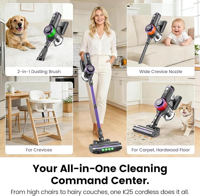 Cordless Vacuum Cleaner,75Min Runtime,600W 65KPA Dual Motor Pet Hair Vacuum for Home with AI Auto Suction,Stick Vacuums with Self-Standing Design,for Carpet,Hardwood Floors,Gift Ideas for Her