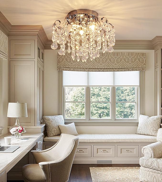 Q&S Small Crystal Chandelier Flush Mount Ceiling Light 3 Lights Modern Chrome Iron Raindrop Crystal Ceiling Fixture for Bedroom Hallway Closet Entryway Stairs