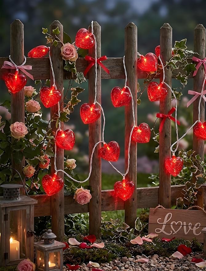 Valentines Red Heart String Lights Plug in, 8.5Ft Outdoor Valentine's Day Decorations Lights with 10 Red Glitter Heart Lights, Hanging Heart Fairy Lights for Indoor Window Wedding Birthday Party Decor