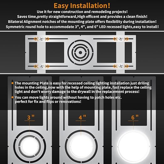 New Construction Mounting Plate, 3-4-6 Inch, LED Recessed Lighting Housing Kits, Flat Steel Rough in Bracket Fixture for LED Light Bar, 48PC Shallow Recessed Lighting Housing Plate