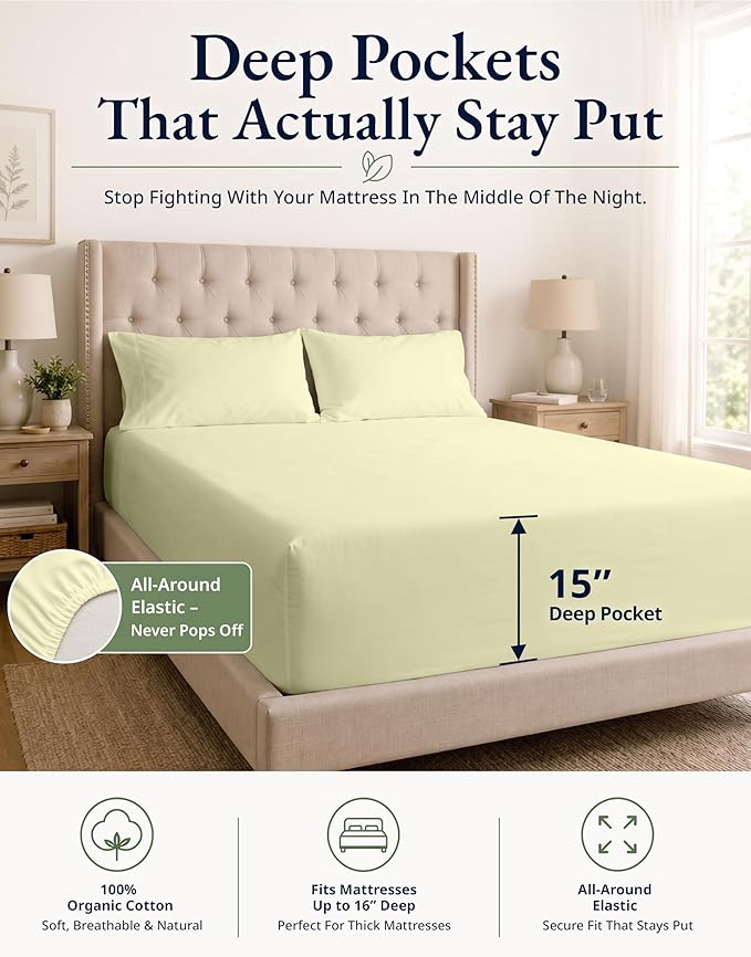 LANE LINEN Twin Fitted Sheets, 100% Organic Cotton 2-Piece Set (1 Fitted Sheet, 1 Pillowcase), Percale Weave, Bottom Sheet, Soft, Breathable, Fits Mattress Upto 15' Deep - Vanilla (No Flat Sheet)