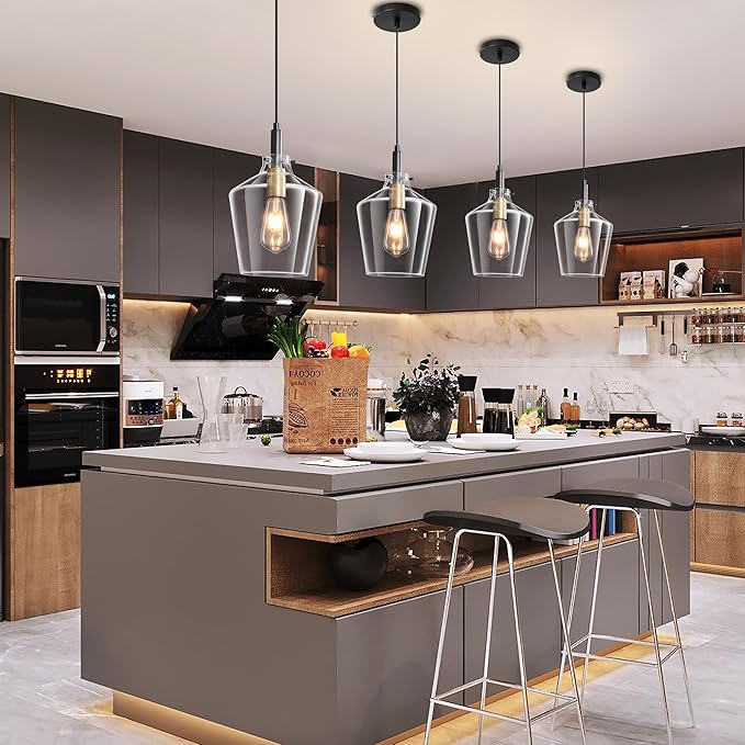 Modern Glass Pendant Lighting for Kitchen Island 2 Pack, Farmhouse Black and Gold Pendant Light Fixtures, Adjustable Hanging Ceiling Light, Angled Clear Glass Shades 8 Inch