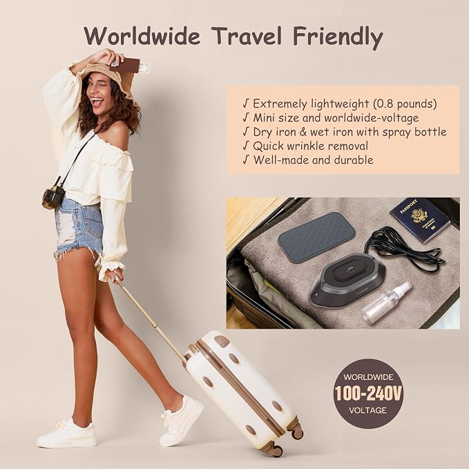 Newbealer Travel Iron Set, 100-240V Mini Dry Iron for Clothes (No Steam) | Max 300W, Heats in 60s, 302℉ Ceramic Soleplate, Handy Heat Press, 0.8lbs Lightweight for Quick Touch-ups Worldwide (Brown)