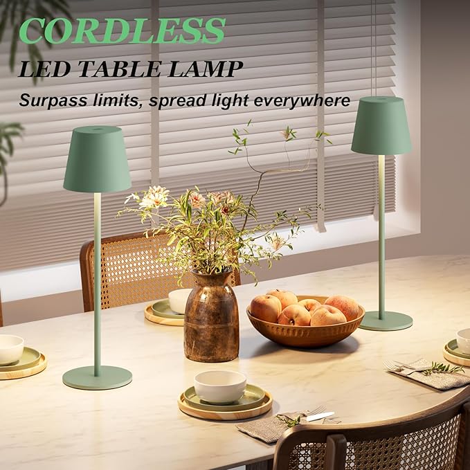 Kakanuo Cordless Table Lamp Rechargeable Green - KK 2 Pack 5000mAH Battery Operated Lamp for Dining Table, 3 Color Stepless Dimming Wireless Lamp for Counter, Outdoor Patio, Touch Control