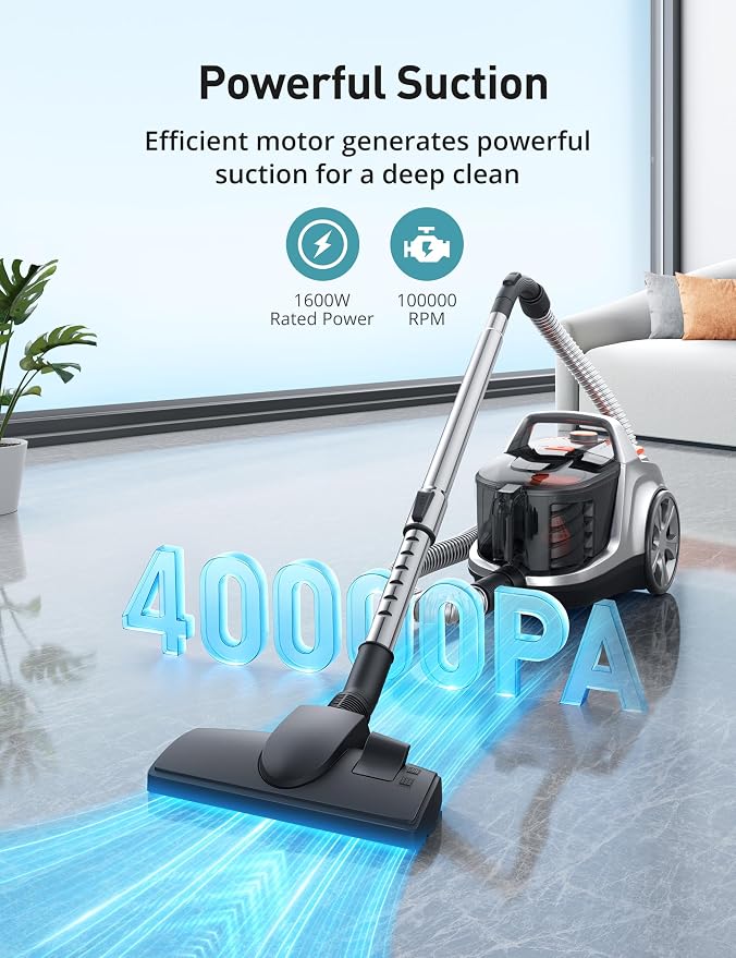 Aspiron Canister Vacuum, Upgraded 1600W Bagless Canister Vacuum Cleaner, Auto Cord Rewind, H13 HEPA Filter, 4Qt Large Capacity, 5 Tools for Hard Floors, Carpet, Pet, Upholstery, Tiles, Persimmon
