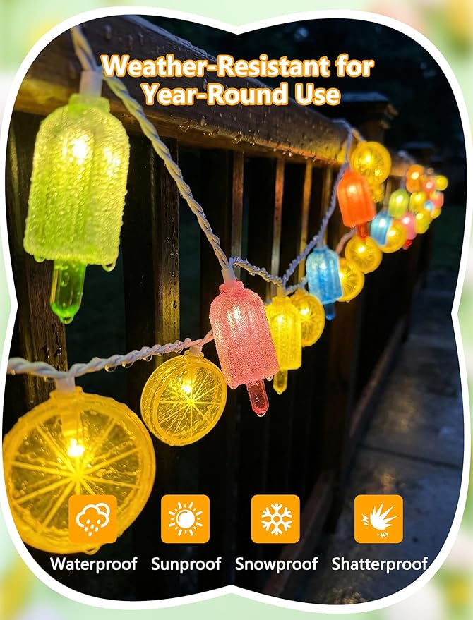 8.5FT Popsicle and Lemon String Lights, Tropical Beach Decorations Lights with 10 Multicolor Popsicle Lemon Bulbs, UL Listed Waterproof Fairy Lights for Summer Party Patio Bedroom Holiday Camping