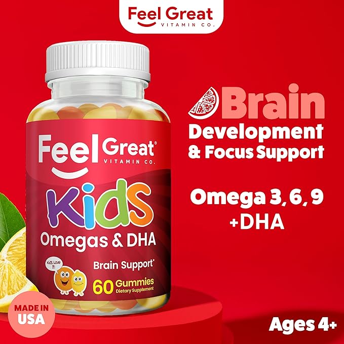 Feel Great Vitamins Kids DHA Gummies with Omega 3 6 9, Vitamin C (2-Pack) | Supports Healthy Brain Function, Vision & Heart Health | Gluten Free, Vegetarian | 60 Gummies
