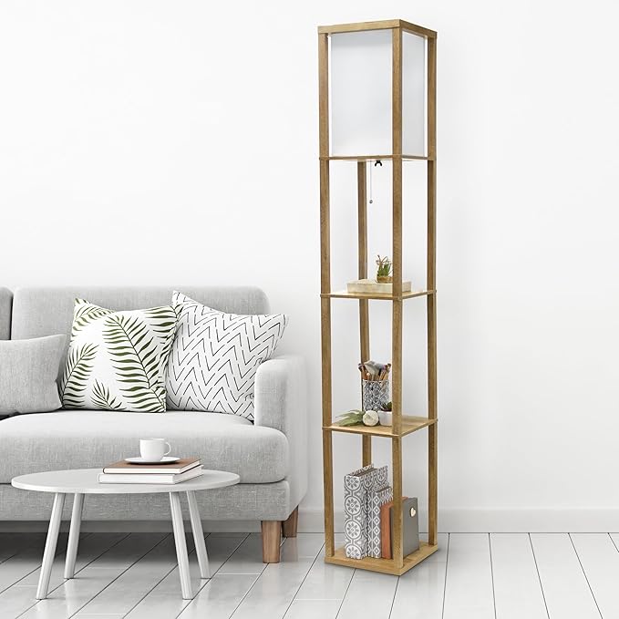 Simple Designs LF1038-WOD 62.5" Modern 3 Tier Standing Floor Lamp Etagere Organizer Storage Shelf with Linen Shade for Home Décor, Living Room, Bedroom, Office, Light Burnt Oak