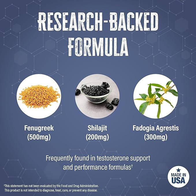 Vitality – Testosterone Support Formula | Fenugreek (500 mg), Fadogia Agrestis (300 mg), Shilajit, Tongkat Ali, Ginger, Ashwagandha | 60 Capsules, 30 Servings | Made in the USA