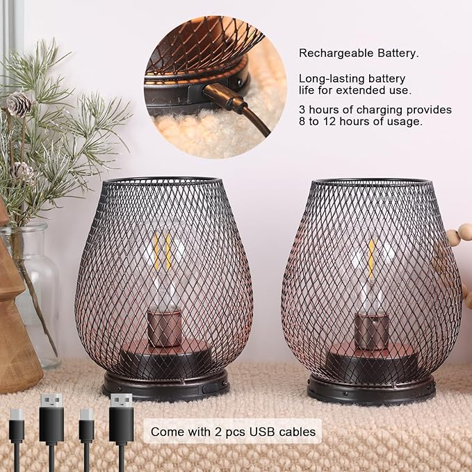 Set of 2 Rechargeable Lamp LED Table Lantern, Brown Metal Cage Cordless Lamps with LED Bulb，Vintage Decorative Outdoor Lantern for Weddings, Parties, Patio, Events for Indoors Shelf Decor