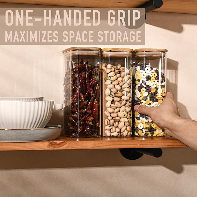 D2scrma 56oz Rectangle Airtight Glass Storage Containers with Bamboo Lids (Set of 4), Square Food Storage Jar, Pantry Organizers for Oats, Cereal, Pasta and Coffee beans (‎with Black Lable)
