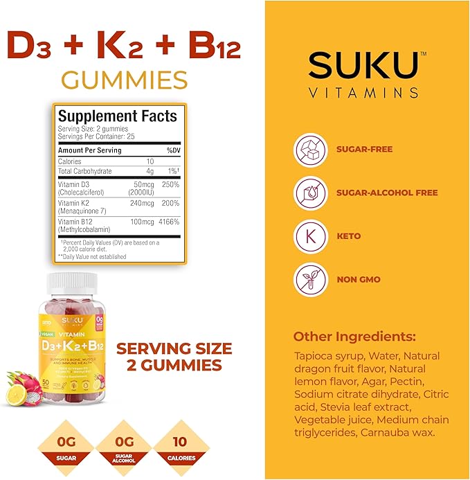 SUKU Vitamins ビーガンD3 + K2 + B12 シュガーフリー＆シュガーアルコールフリー ケト 2000IU ビタミンD グミサプリメント 丈夫な骨、免疫機能、健康な代謝をサポート レモンドラゴンフルーツ風味 (グミ50粒)