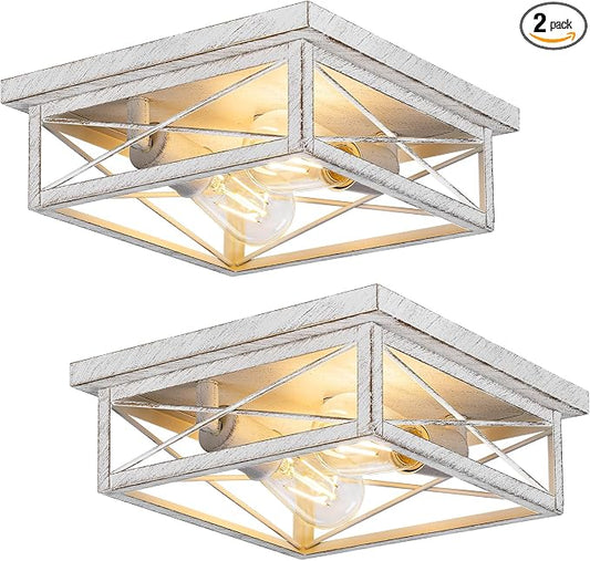 White Hallway Light Fixtures for Ceiling, 2-Light Farmhouse Industrial Flush Mount Ceiling Lights, 2-Pack Metal Kitchen Light Fixtures, Square Close to Ceiling Lights for Bedroom Living Room Entryway