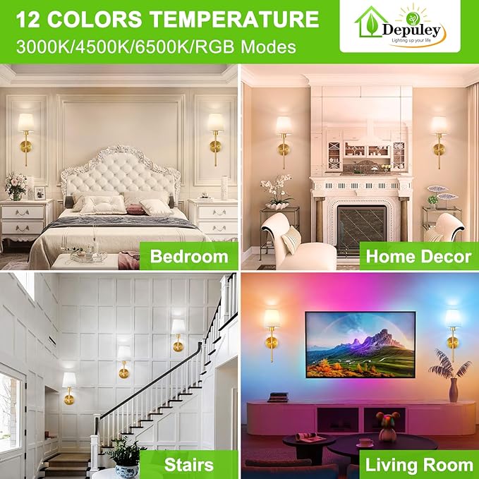 Depuley Battery Operated Wall Sconce: Set of 2 19.99" Wireless Wall Lights with Remote for Bedroom - Rechargeable 15 Colors Gold Wall Lamp for Living Room Hallway Decor
