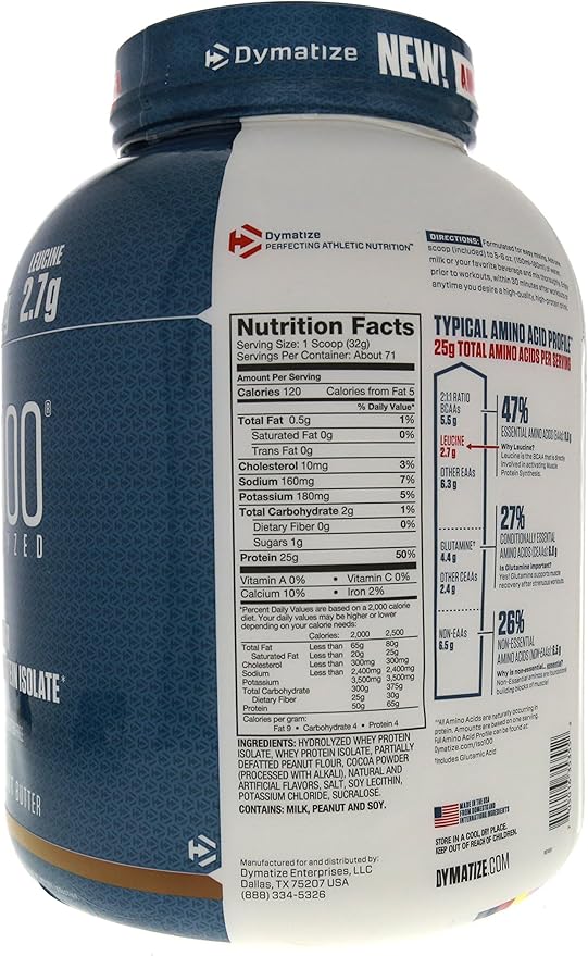 Dymatize ISO100 Whey Protein Powder Isolate, Chocolate Peanut Butter, 25g of Protein, 5 Pound, 5.5g BCAAs, Less Than 120 Cal., Gluten Free, 1g Fat, 1g Sugar, 2g Carb (71 Servings)