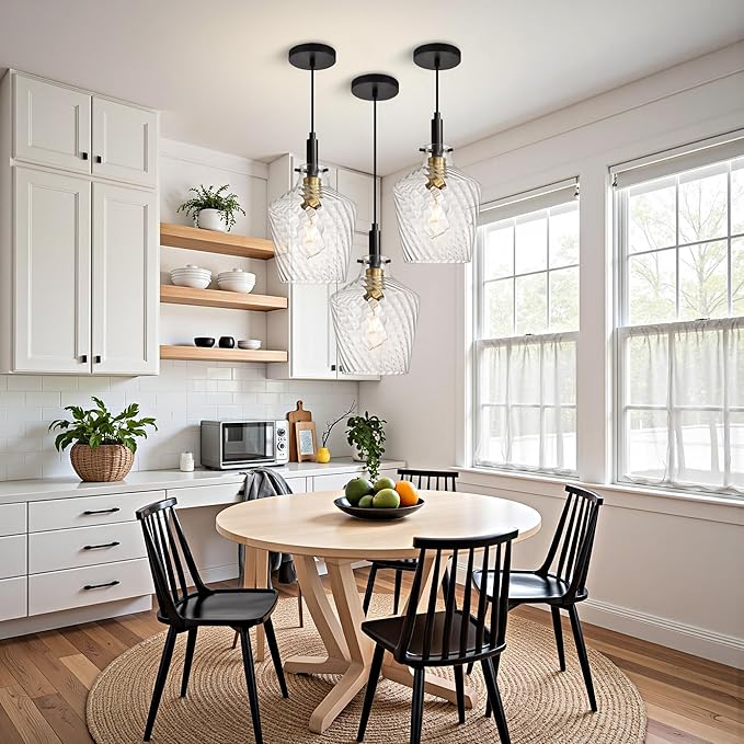 Modern Stripes Clear Glass Pendant Lighting for Kitchen Island 1 Pack, Farmhouse Black and Gold Pendant Light Fixtures, Height Adjustable Ceiling Pendant Light, 8 Inch