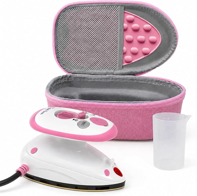 The Quilted Bear Premium Mini Steam Iron - Lightweight Mini Travel Iron for Effortless Quilting & Wrinkle-Free Clothes with Carry Case & Iron Rest Set - Travel Steamer for Clothes & Crafts (Pink)