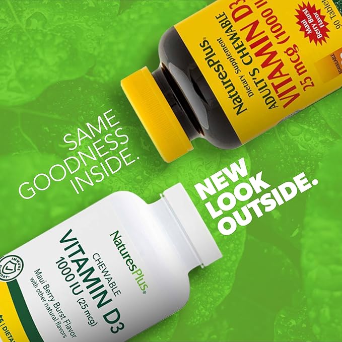 NaturesPlus Vitamine D3 (1000 UI) - 90 Comprimés à Croquer, Saveur Baies Tropicales - Végétarien, Sans Gluten - 90 Portions