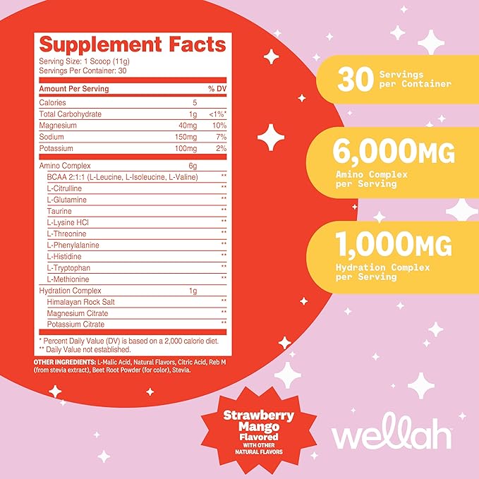 Wellah BCAAs (Strawberry Mango Flavored) 30 Servings - BCAA Powder with Hydration Complex